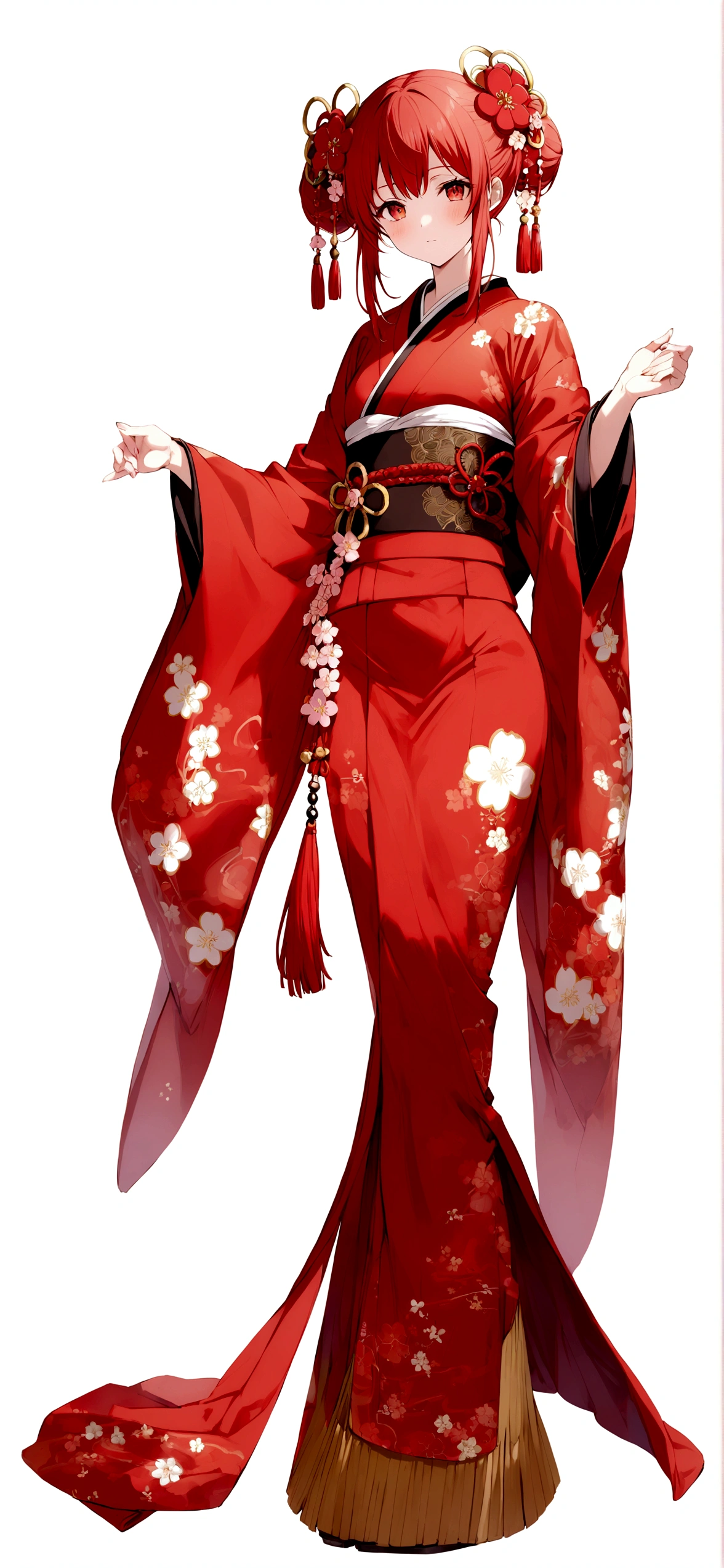 White background、Red kimono、Red Hair、Red eyes、Plum blossom accessories、25 year old sister、whole body