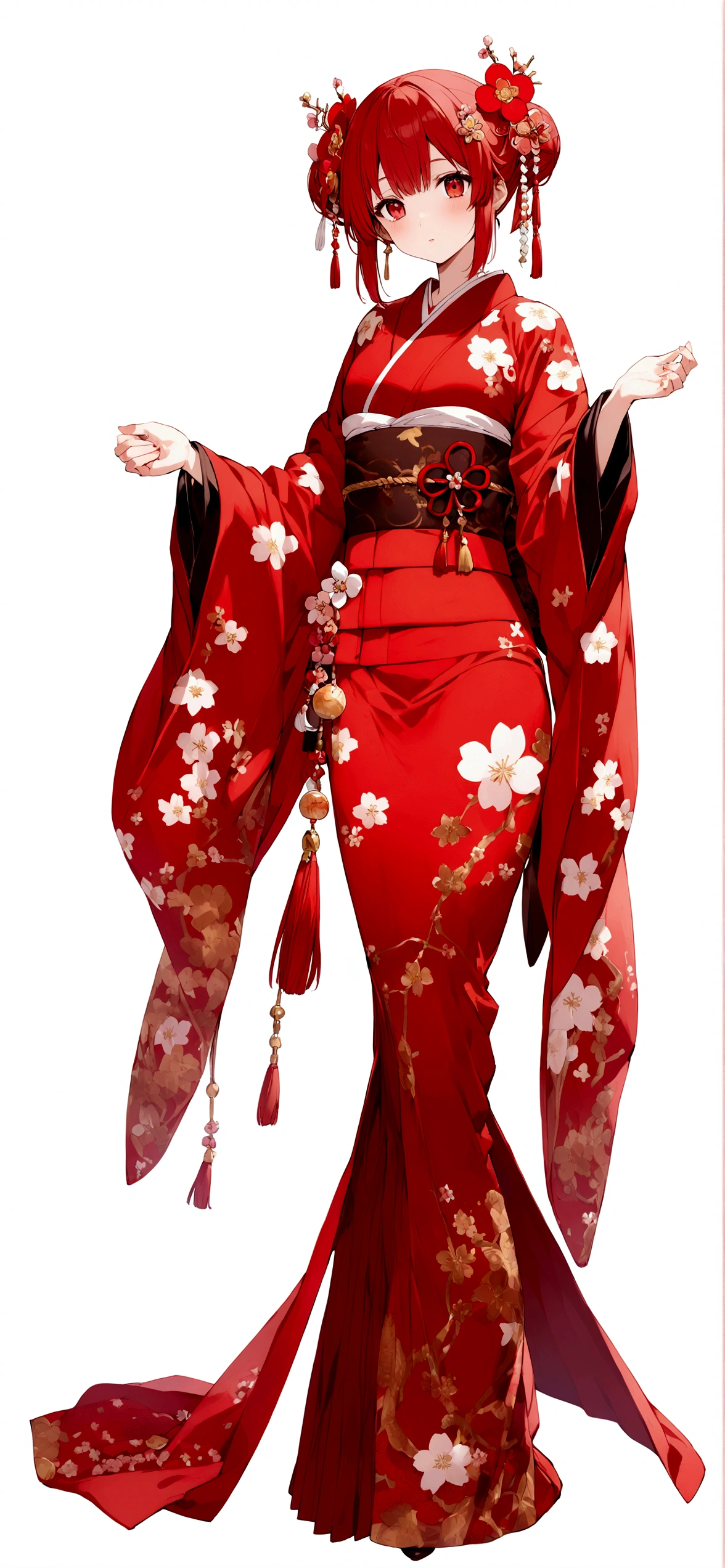 White background、Red kimono、Red Hair、Red eyes、Plum blossom accessories、25 year old sister、whole body