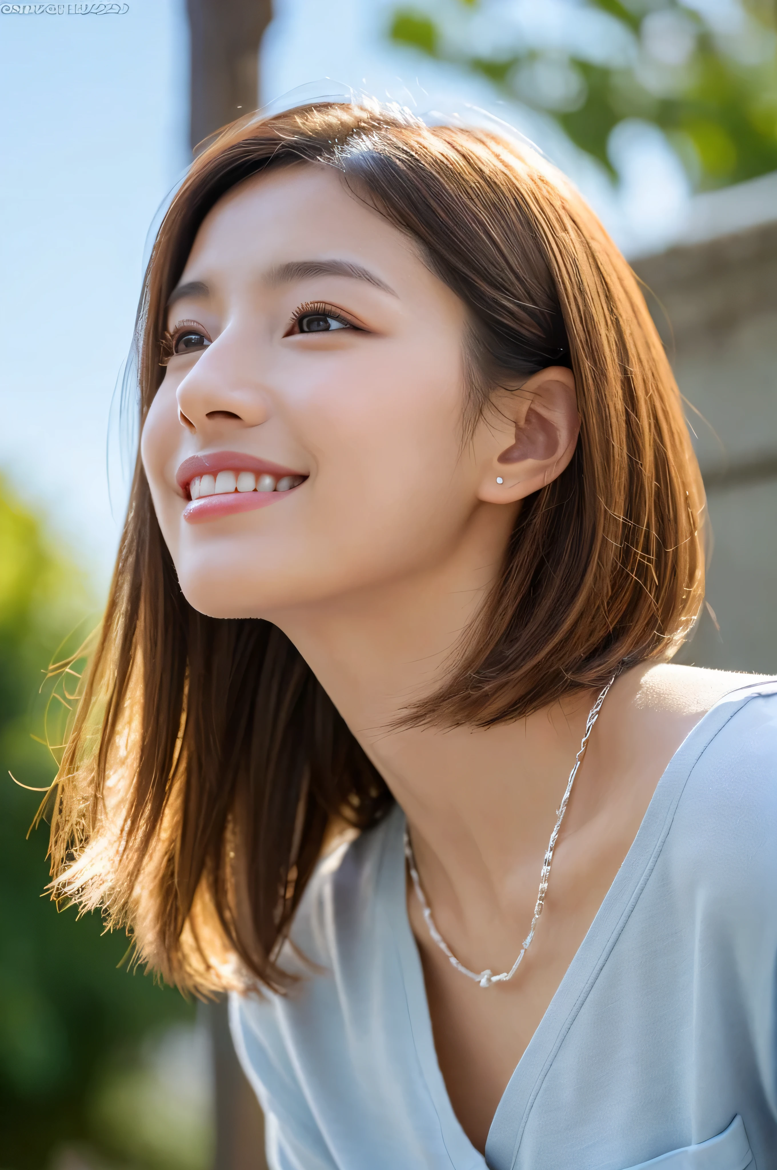 Front view,(((Masamisuno))),(in 8K, top-quality, masterpiece:1.3, 超A high resolution, A hyper-realistic), high detailing, ((Face like the real thing)), Photorealsitic, Raw foto, ((one beautiful women)), 27yo, Detailed face, beautidful eyes, realisticeyes, Eyes in Beautiful Details, (real looking skin), Beautiful skins, enticing, depth of fields, hight resolution, High pixel count, clear details, sharp photo, Natural color reproduction, Noise Reduction, High fidelity, quality, Software Updates, Optimized algorithms, Stylish café terrace, Everyday clothes, Neat and clean clothing, perfect bodies, face perfect, perfect chest, perfect teeth, Perfect tooth alignment, , Sexy lips, Ears are visible, Looking away, Natural perspective, (Don't look into the viewer's eyes), a smile, kindly smile, Beautiful skins, enticing, the golden ratio, (Detal Face:1.2), profetional lighting, Lighting the face, best light, japanes,japanaese girl, Photo of a cute Japanese woman, Small necklace, Thin Silver Necklace, simple background, (Photo from the side:1.2), Casual pose, Short hair swaying in the wind