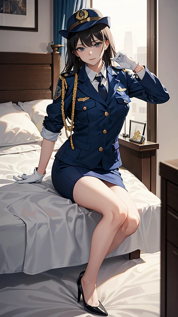 Highest quality、masterpiece、8K、Realistic、超High resolution、Very delicate and beautiful、High resolution、Cinema Lighting、medium range shooting、Perfect female body、Beautiful woman、Mature Woman、Beautiful Eyes、Cityscape、((Female police officer、紺色のFemale police officer、Uniform Buttons、Navy blue tie、Uniform jacket、White gloves))、pantyhose、Pencil Skirt、Stiletto heel pumps、Police Badge、Epaulettes、Bent body、Lie in, Look to the side, Worried face,  Drunk look、Hot body、Sweaty、bedroom、Lying on the white sheets of a bed、aroused、in heat、