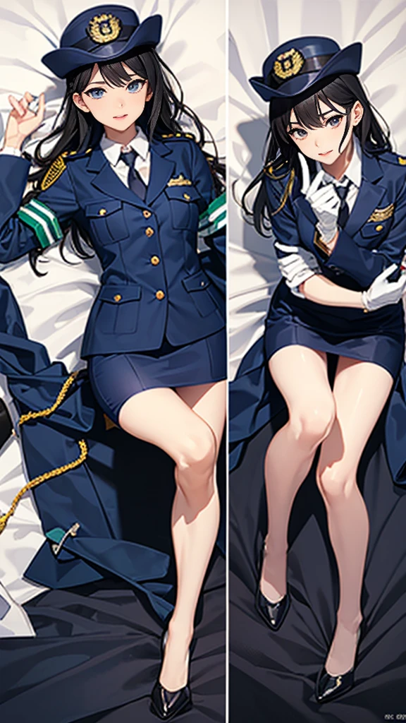 Highest quality、masterpiece、8K、Realistic、超High resolution、Very delicate and beautiful、High resolution、Cinema Lighting、medium range shooting、Perfect female body、Beautiful woman、Mature Woman、Beautiful Eyes、Cityscape、((Female police officer、紺色のFemale police officer、Uniform Buttons、Navy blue tie、Uniform jacket、White gloves))、pantyhose、Pencil Skirt、Stiletto heel pumps、Police Badge、Epaulettes、Bent body、Lie in, Look to the side, Worried face, Drunk look、Hot body、Sweaty、bedroom、Lying on the white sheets of a bed、aroused、in heat、