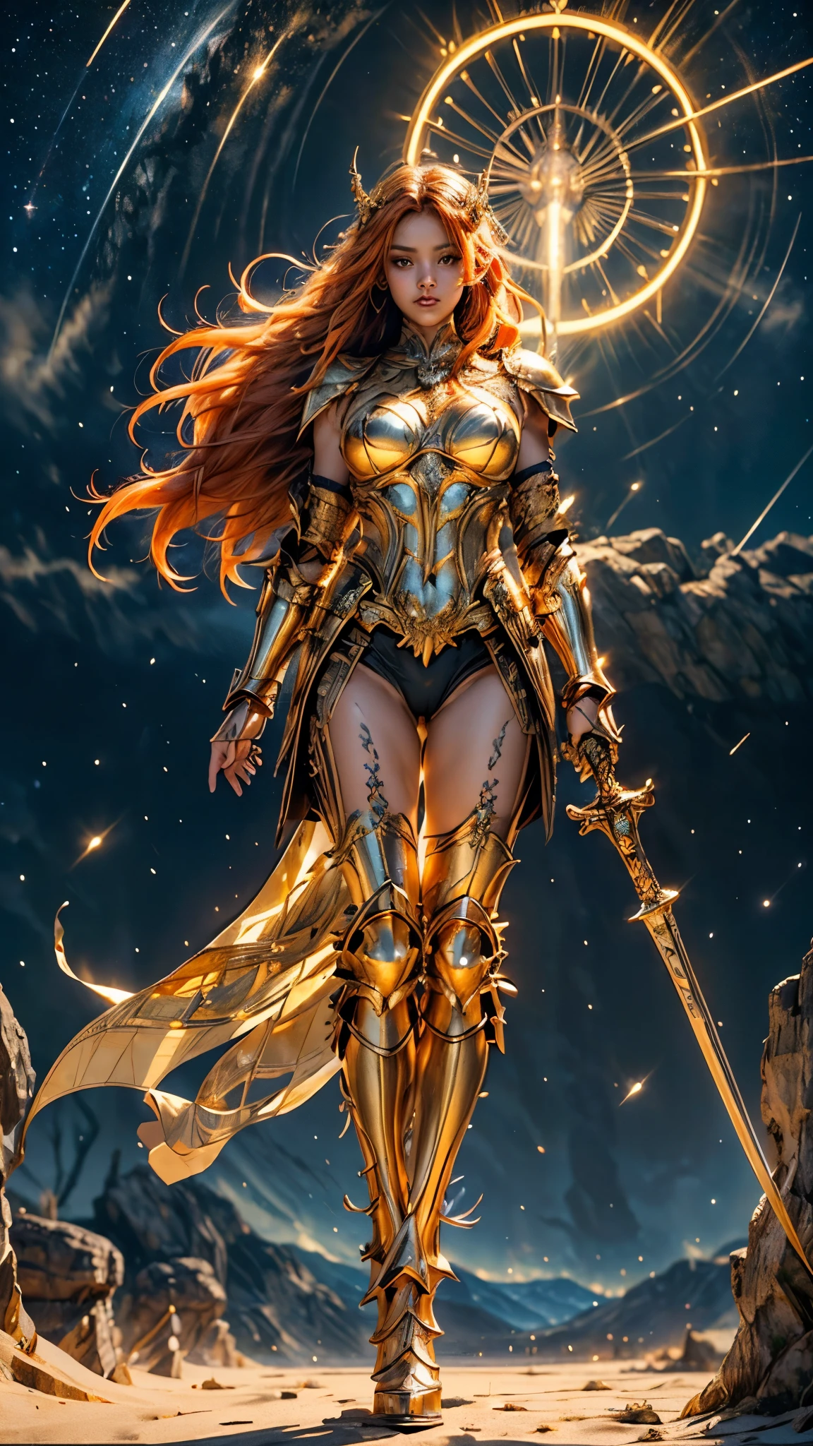 ((best quality)), ((masterpiece)), (ultra detailed lights), ((full body shot)), ((skinny body)), indonesian girl, extremely beautiful, ((slim body)), thighs gap, ultra face details, 20 years old, ((orange curvy-hair)), ((hair blown by strong winds :1.3)), Award-winning photograph, ((symmetrical pose)), teen goddess with (golden sword) in ((full body golden black armor)) are in the middle of battlefield, posing in the middle, intricate details, ((thight golden armour)), ((extremely details armor)), ((24k-gold armor)), ((edge luminous armor)), cameltoe, luminescent, epic lights reflections, she is posing with ((Athena's golden bow)), at beach, full of stars, orange clouds, nebula sky, epic aurora borealis in the background, shooting stars, ((from below))