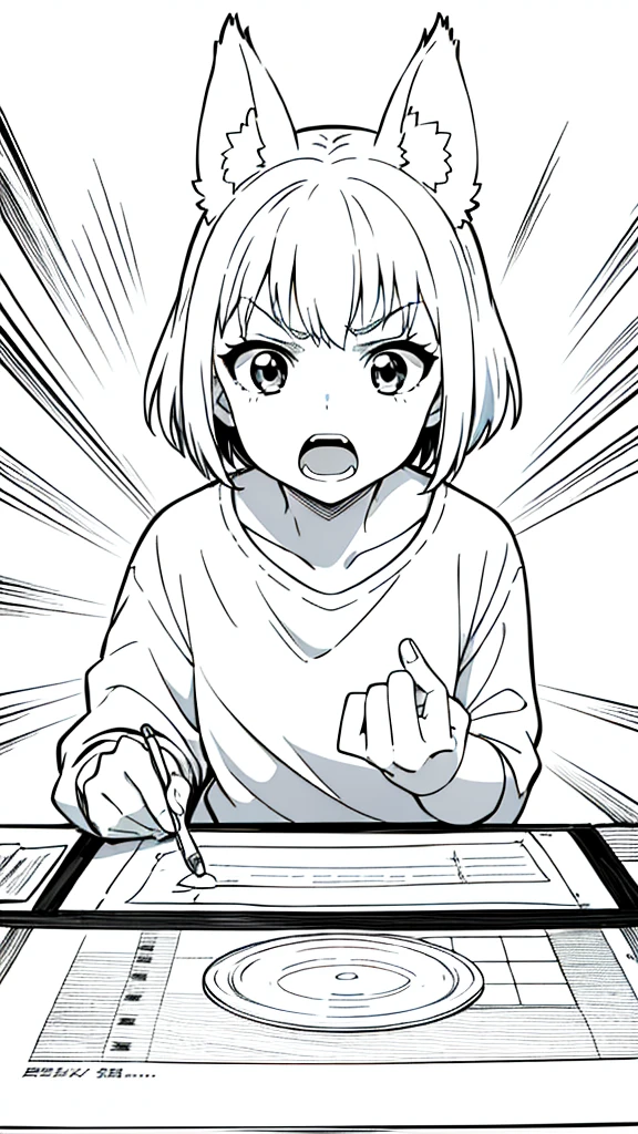 (1girl,,kid),solo,white hair,short hair,fox ears,(white background,line drawing),open mouth,angry,pov across table, from front