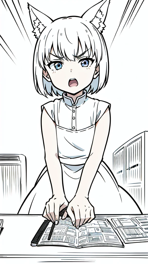 (1girl,8 ,kid),soloite hair,short hair,fox ears,(white background,line drawing),open mouth,angry,pov across table, from front