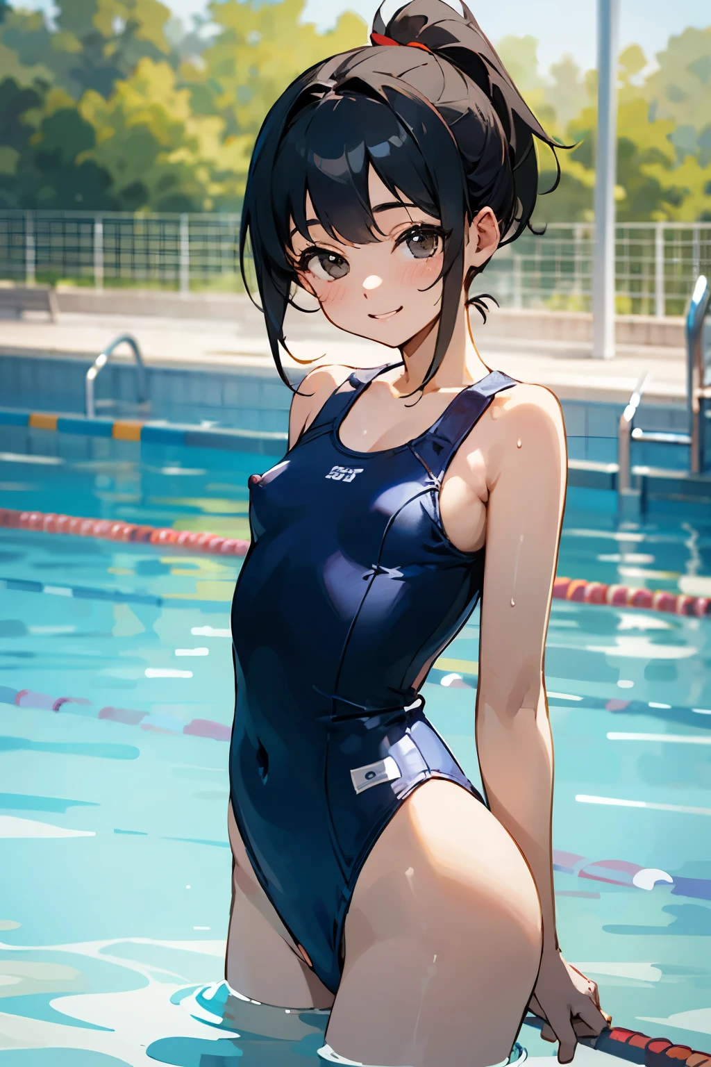 NSFW、In the best quality、 girl standing in swimming pool。In high resolution、Beautiful details、Quiet atmosphere。Black hair ponytail、Cute Smile.。Small breasts、Cute School Swimsuit。