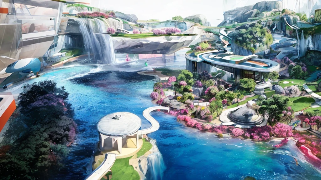 A modern park，There are huge rocks around，Pink fantasy grass，There is a clear lake in the center，Surrounded by fantasy-style trees and plants。Realistic style，Real light，Authentic materials