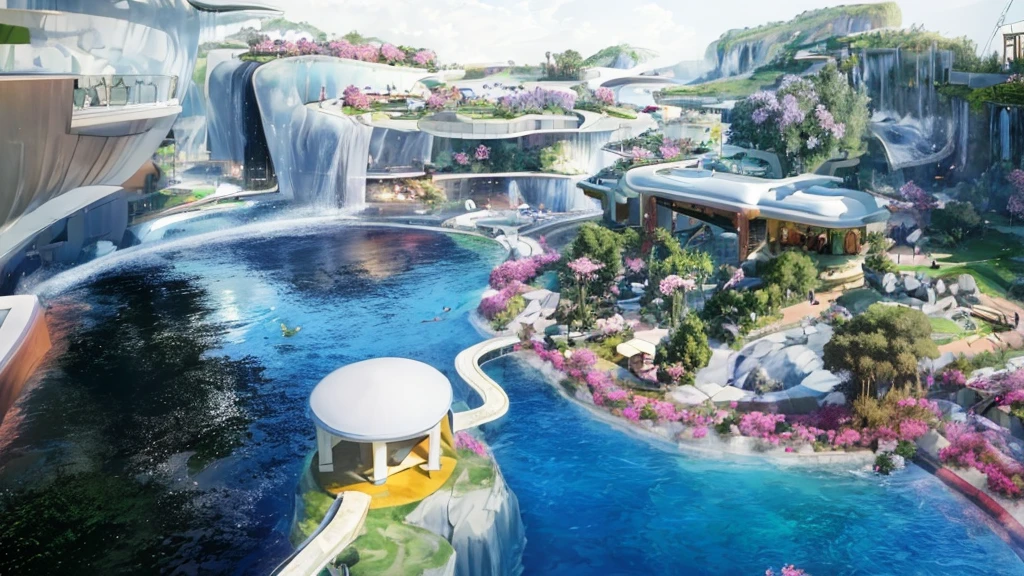 A modern park，There are huge rocks around，Pink fantasy grass，There is a clear lake in the center，Surrounded by fantasy-style trees and plants。Realistic style，Real light，Authentic materials