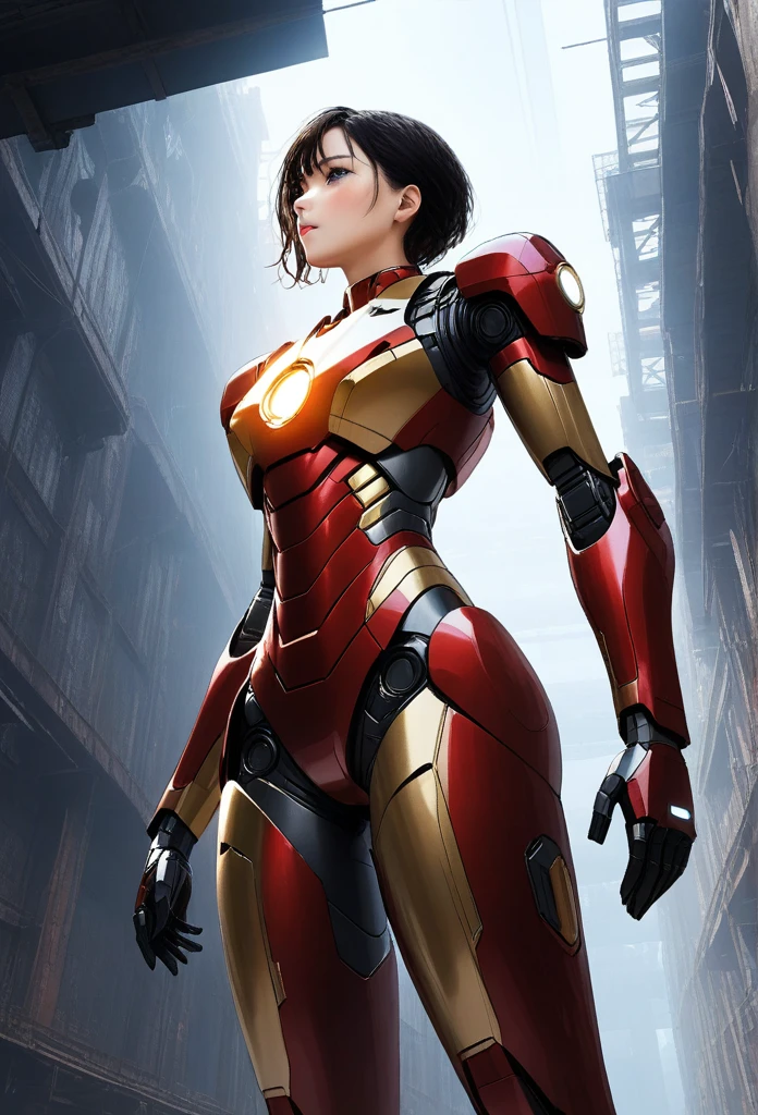 RAW, Masterpiece, Ultra Fine Photo,, Best Quality, Ultra High Resolution, Photorealistic, Sunlight, Full Body Portrait, Stunningly Beautiful,, Dynamic Poses, Delicate Face, Vibrant Eyes, (Side View) , she is wearing a futuristic Iron Man mech, red and gold color scheme, highly detailed abandoned warehouse background, detailed face, detailed and complex busy background, messy, gorgeous, milky white, high detailed skin, realistic skin details, visible pores , sharp focus, volumetric fog, 8k uhd, dslr camera, high quality, film grain, fair skin, photorealism, lomography, sprawling metropolis in futuristic dystopia, view from below, translucent