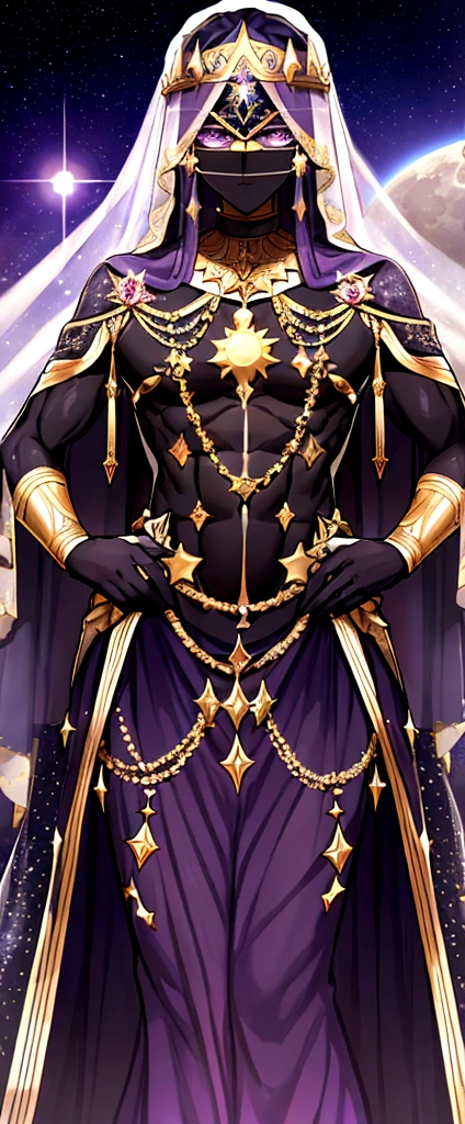 (masculine) (god with toned body, dark purple skin) (veil with stars, eyes covered by the veil, sun crown) (elegant dress with many small stars, the moon and the sun)