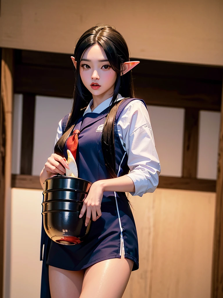High resolution, 8K Ultra HD, ((ink and painting)),J((one girl elf)), Japanese udon restaurant. A black-haired elf wearing a sailor suit. An elf is eating, very wide udon served in a very small colander. There is nothing in the colander except white udon.