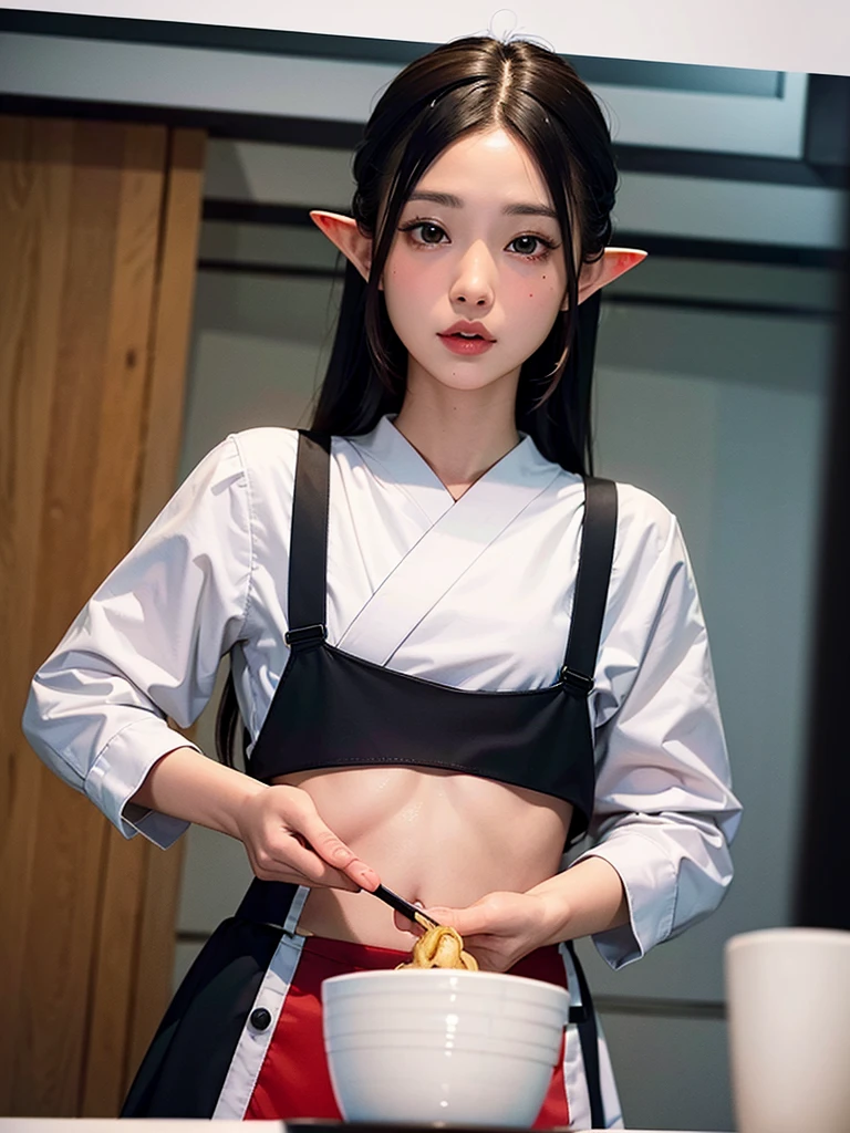 High resolution, 8K Ultra HD, ((ink and painting)),J((one girl elf)), Japanese udon restaurant. A black-haired elf wearing a sailor suit. An elf is eating, very wide udon served in a very small colander. There is nothing in the colander except white udon.