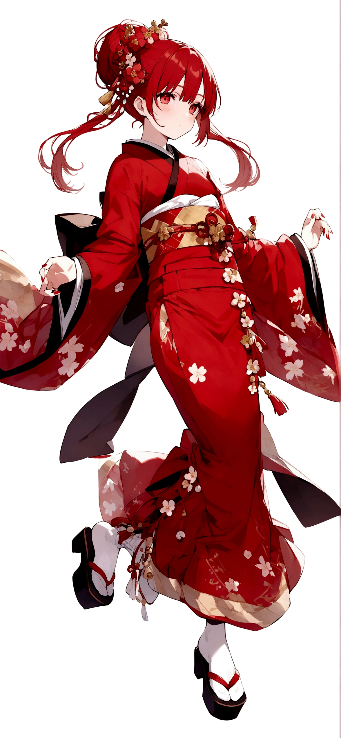 White background、Red kimono、Red Hair、Red eyes、Plum blossom accessories、25 year old sister、whole body