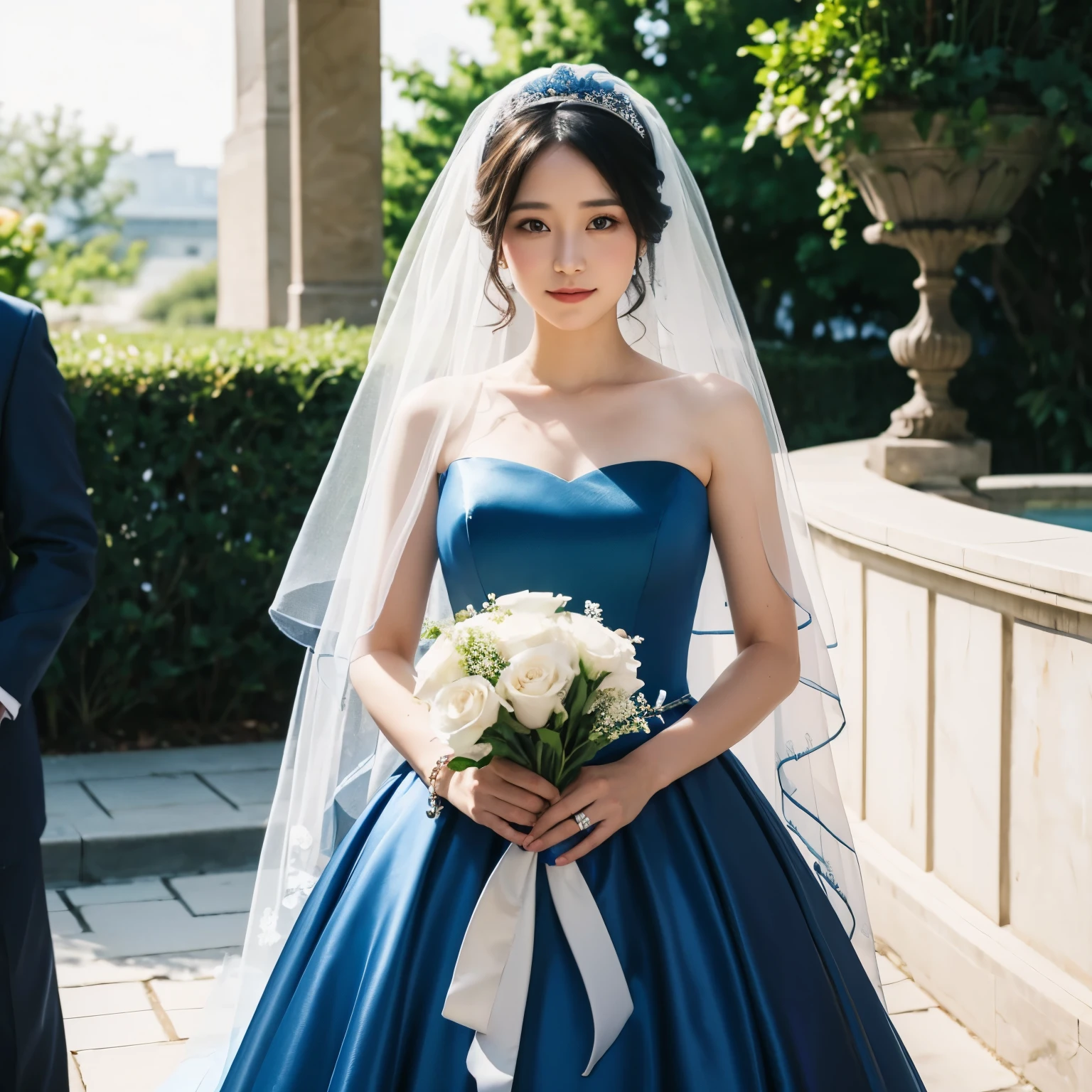 A woman wearing a blue veil and blue dress at a wedding and holding a bouquet