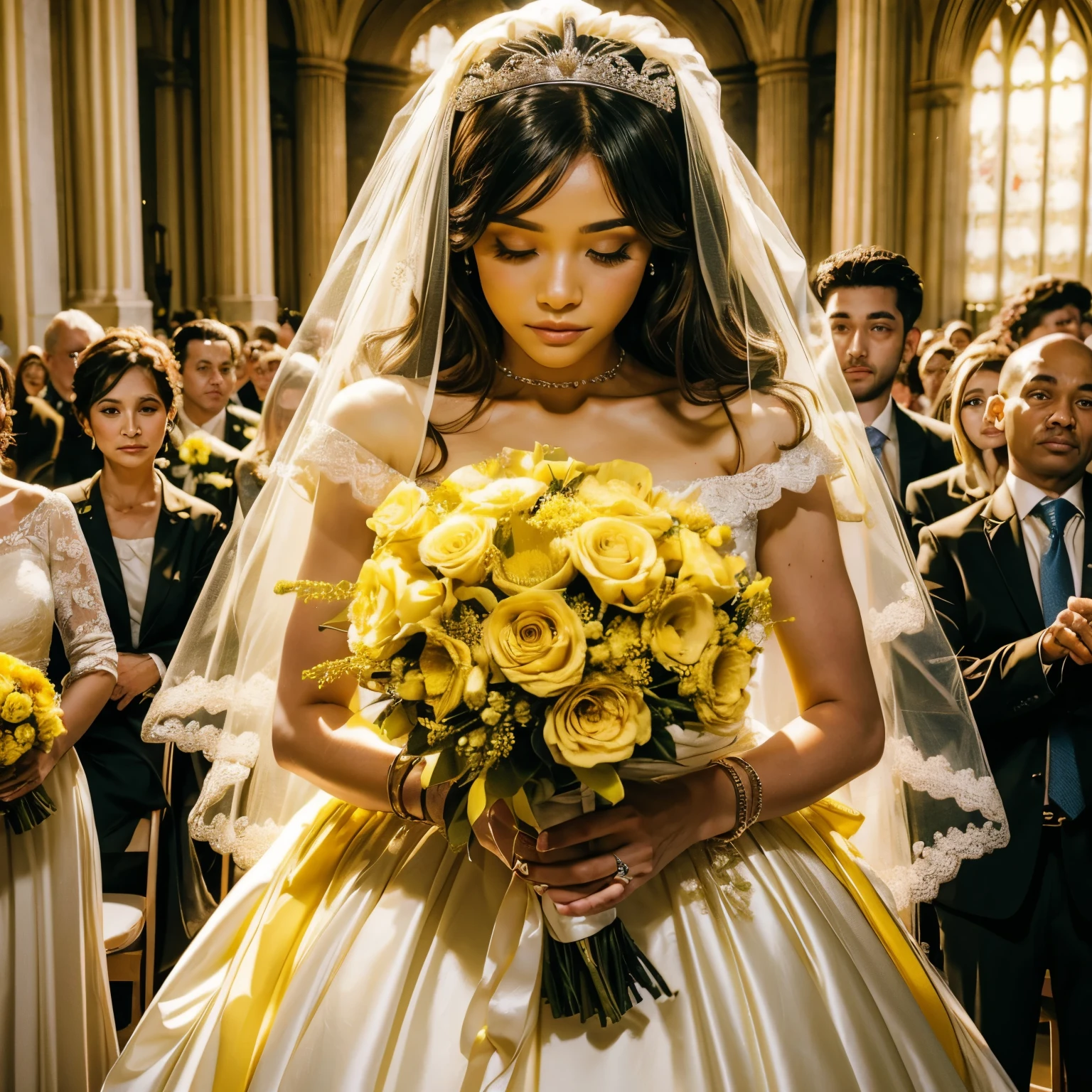 A woman wearing a yellow veil and a yellow wedding dress at a wedding ceremony and holding a bouquet