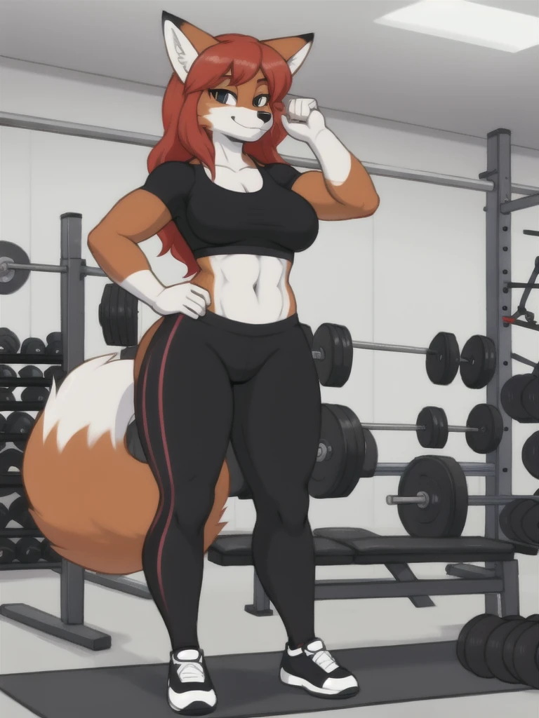 Furry, fox, female, white shirt, black leggings, shoes, gym, , standing, full body