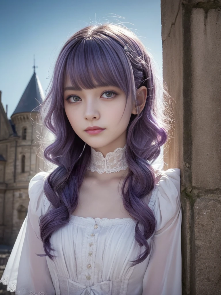(Highest quality, Very detailed, masterpiece:1.2), 1 female, Very thin body, length, Thin legs, ((Purple-hair-color wavy short hair:1.2)), ((Thick and fluffy bangs)), Very detailedな顔,A faint smile, small, Thin Nose, small thin mouth, Extremely sharply focused eyes, Japanese, Beautiful Face, Realistic eyes, Beautiful and beautiful eyes, Realistic Skin, Beautiful Skin, charm, (Lively Faces), Beautiful Hairstyles,((Victorian Dress)), Gothic design, Creepy and unique hairstyles, High resolution, Vibrant color palette,(dynamic-pose),Old castle in the background, weird lighting, and a small, old castle in the background,