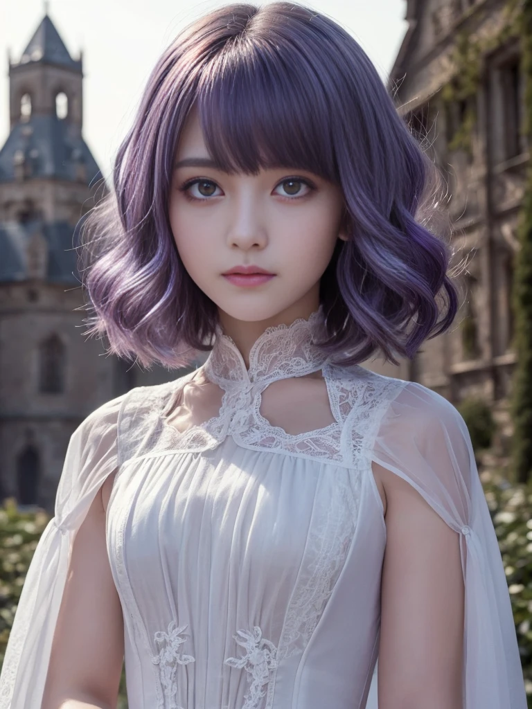 (Highest quality, Very detailed, masterpiece:1.2), 1 female, Very thin body, length, Thin legs, ((Purple-hair-color wavy short hair:1.2)), ((Thick and fluffy bangs)), Very detailedな顔,A faint smile, small, Thin Nose, small thin mouth, Extremely sharply focused eyes, Japanese, Beautiful Face, Realistic eyes, Beautiful and beautiful eyes, Realistic Skin, Beautiful Skin, charm, (Lively Faces), Beautiful Hairstyles,((Victorian Dress)), Gothic design, Creepy and unique hairstyles, High resolution, Vibrant color palette,(dynamic-pose),Old castle in the background, weird lighting, and a small, old castle in the background,