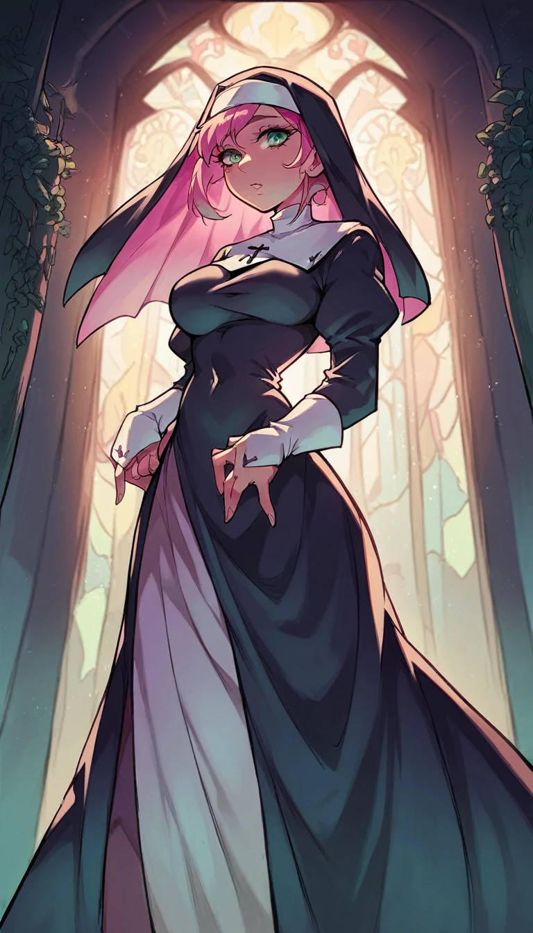a poor girl nun beautiful intelligent long pink hair wavy her green eye she dresses nun long dress and a long black skirt she dark mind