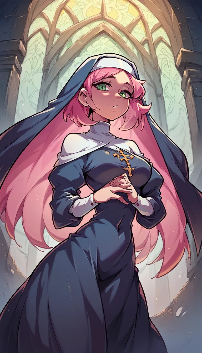 a poor girl nun beautiful intelligent long pink hair wavy her green eye she dresses nun long dress and a long black skirt she dark mind