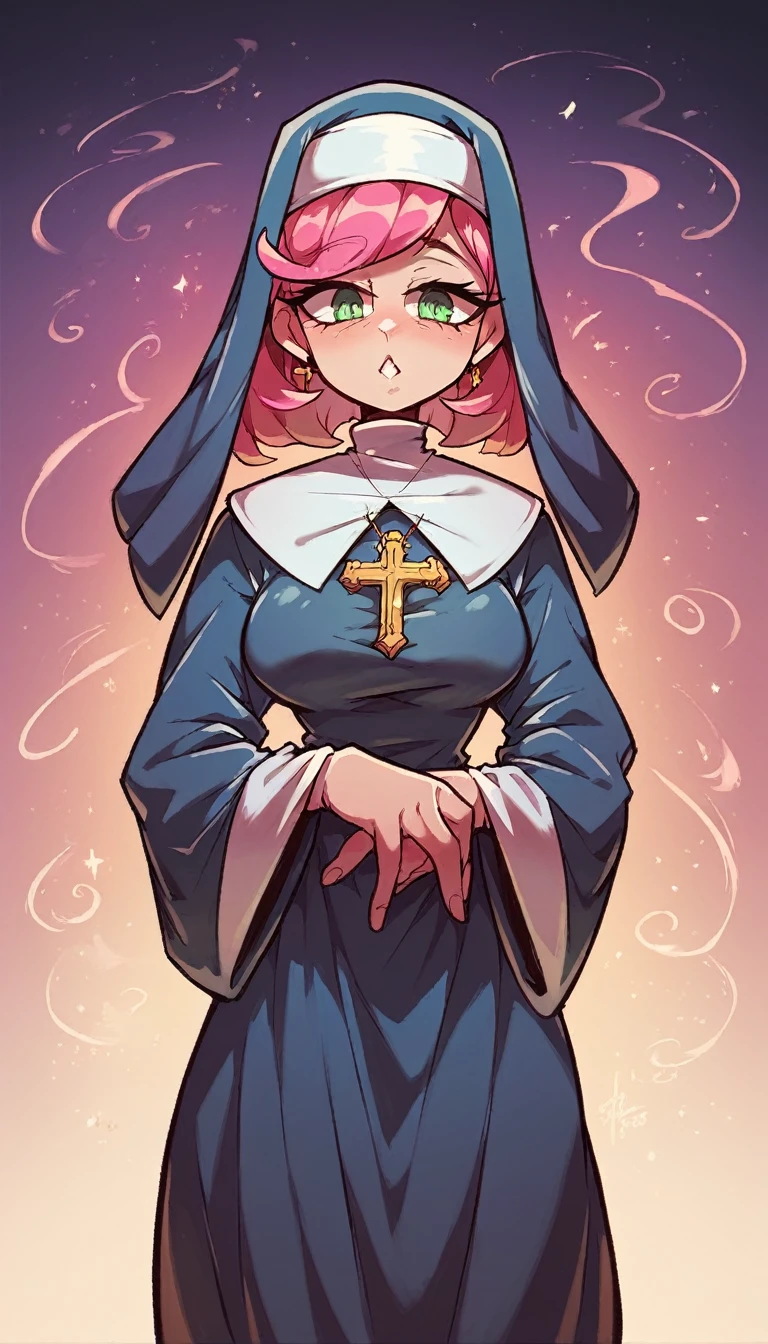 a poor girl nun beautiful intelligent long pink hair wavy her green eye she dresses nun long dress and a long black skirt she dark mind