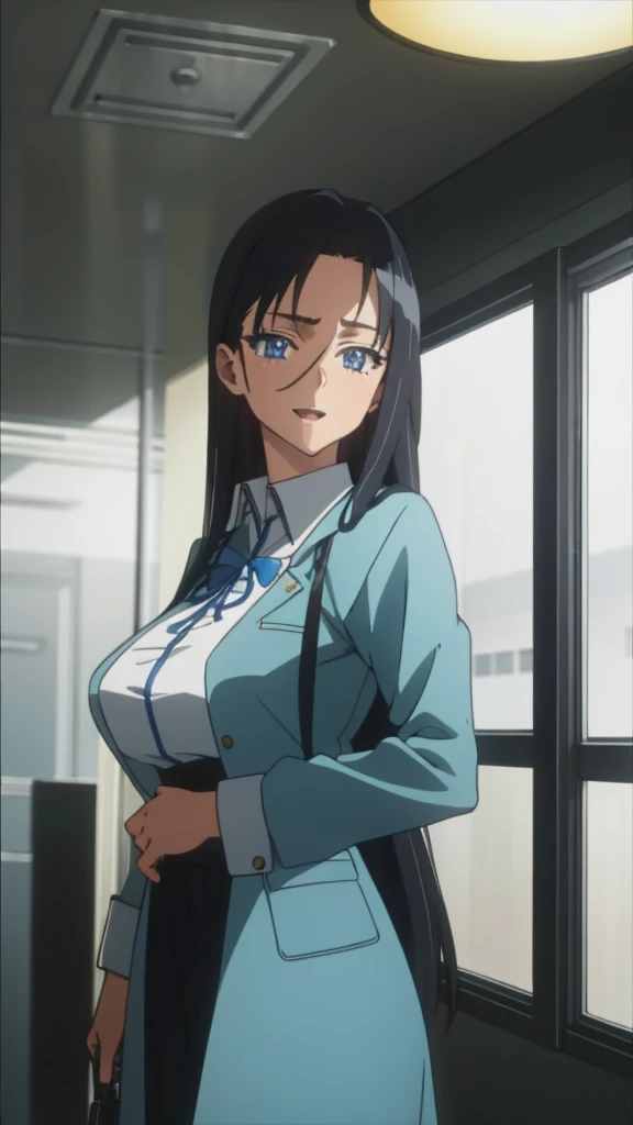(masterpiece), (best quality), (ultra-detailed), ((girl, 29 years old)), an extremely delicate and beautiful, detailed eyes, minute details, (black hair, long hair, straight hair, hair between eyes), ((big breasts)), smile, open mouth, ((beautiful eyes)), (blue eyes), (upper body), she is wearing a blue dress, (detailed clothes), (detailed background, in a hospital, hospital hallway), (monochrome)