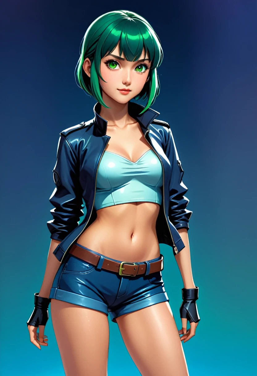 ((masterpiece,Highest quality:1.3)),cowboy shot,1woman、30-year-old beautiful detective、独奏,((very small head:1.5)),green hair,(low ponytail),long hair,blunt bangs,green eyes,gorgeous eyes,shy,smile,medium breasts,((very long body:1.3)),(toned body,slender body,skinny),gleaming skin,shiny skin,oily skin,(leather jacket、Tube top shirt、Micro Shorts、World of Blade Runner、