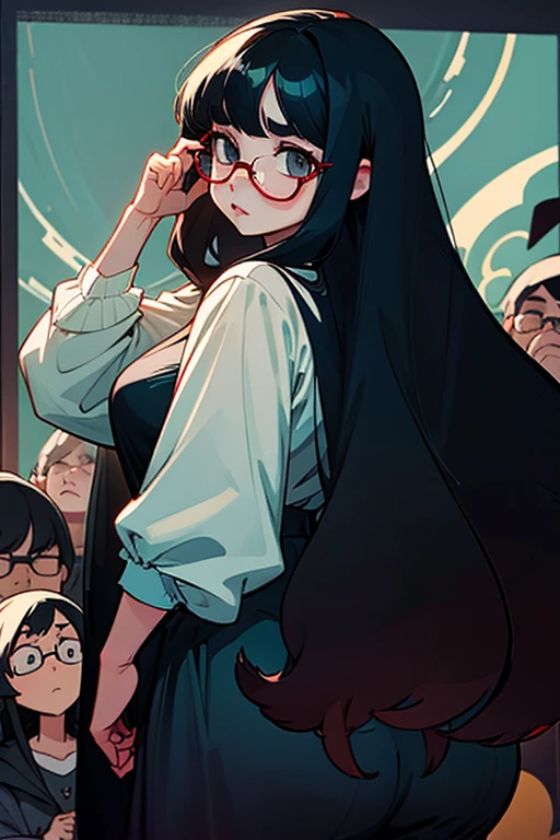 A white girl, gorda, with fat, wearing glasses, with long straight hair, Bblack hair, fringe, com olhos castanhos, short, sensuous