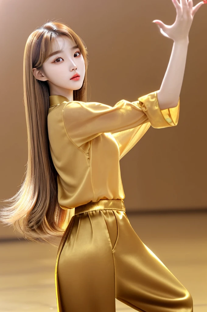 Korean girl - **Hair:** Light brown with golden reflections, straight and short.
- **Eyes:** almond shape, honey color.
- **visual style:** Dynamic and with an energetic presence that stands out in the dance.