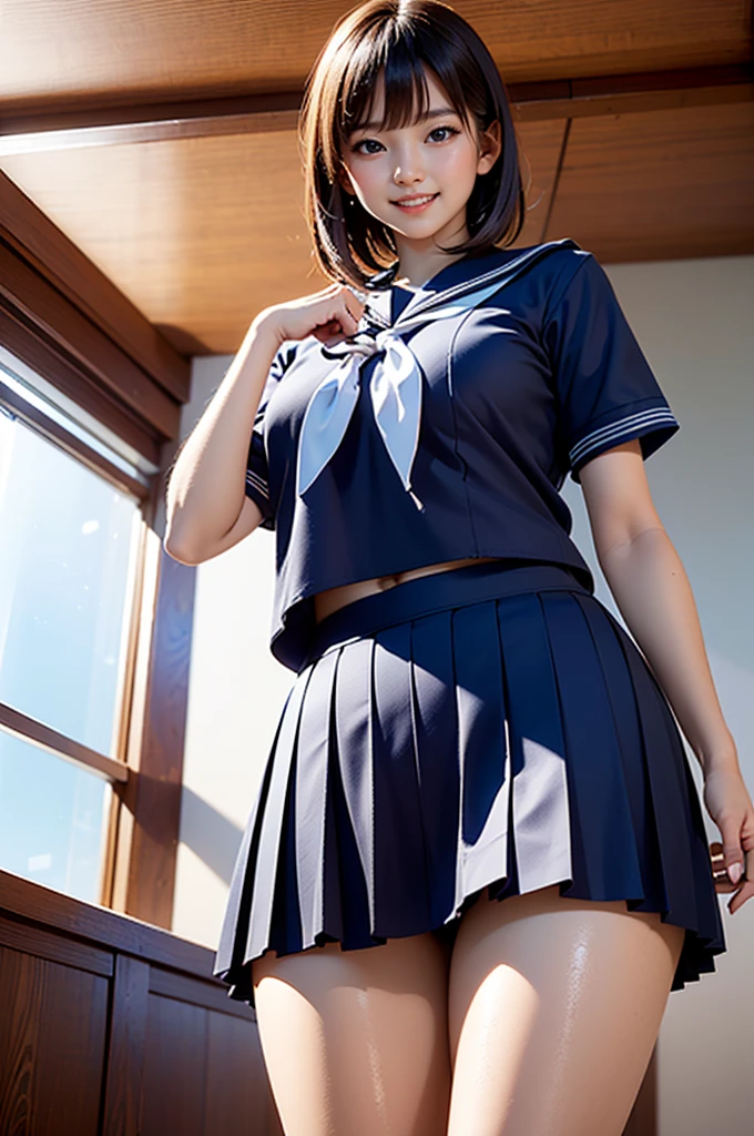(masterpiece,Highest quality,High resolution,Realistic:1.2),(1girl:1.5),((High school girls wear short-sleeved white sailor uniforms:1.2),(Short checkered pleated skirt),White panties slightly exposed:1.2),(Smiling with teeth showing:1.3),(Bobcut, Black Hair:1.3),(Reduce exposed skin,Belly not exposed:1.2),(Cowboy Shot:1.5),(16 year old Japanese female:1.2),(School corridor:1.3), (Camel Toe:1.3), (Thick thighs:1.2), (A is a view from below:1.4)