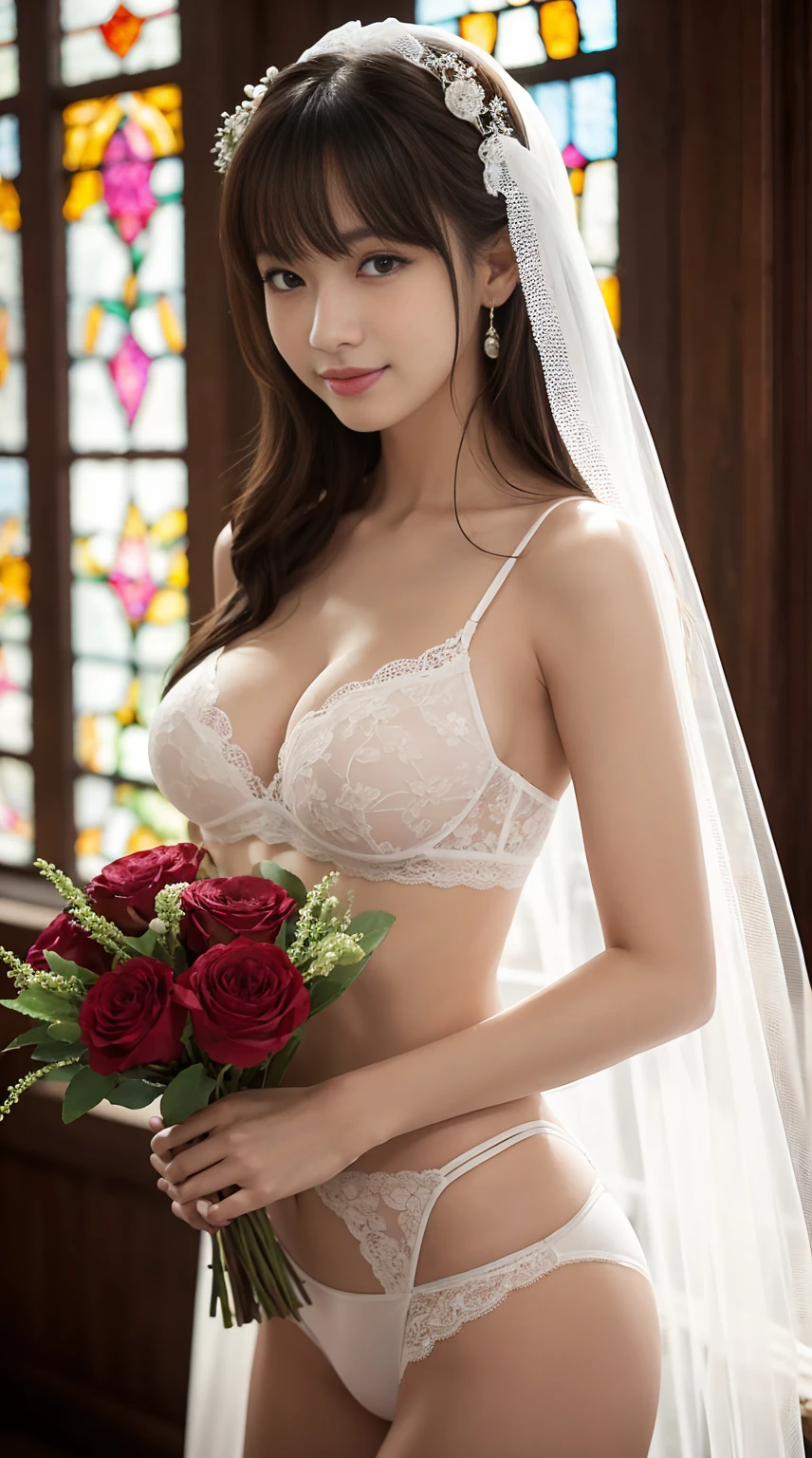 Browsing Caution,masterpiece,Highest quality,8K,20-year-old,窓辺に立つ美しいBig Breastsの女性,Slim body,Sexy white lace lingerie,Long straight hair with bangs,Veil,close your eyes,Charming smile,Big Breasts,Underboob,holding one flower bouquet with both hands,Beautiful stained glass,Light coming from behind,light rays