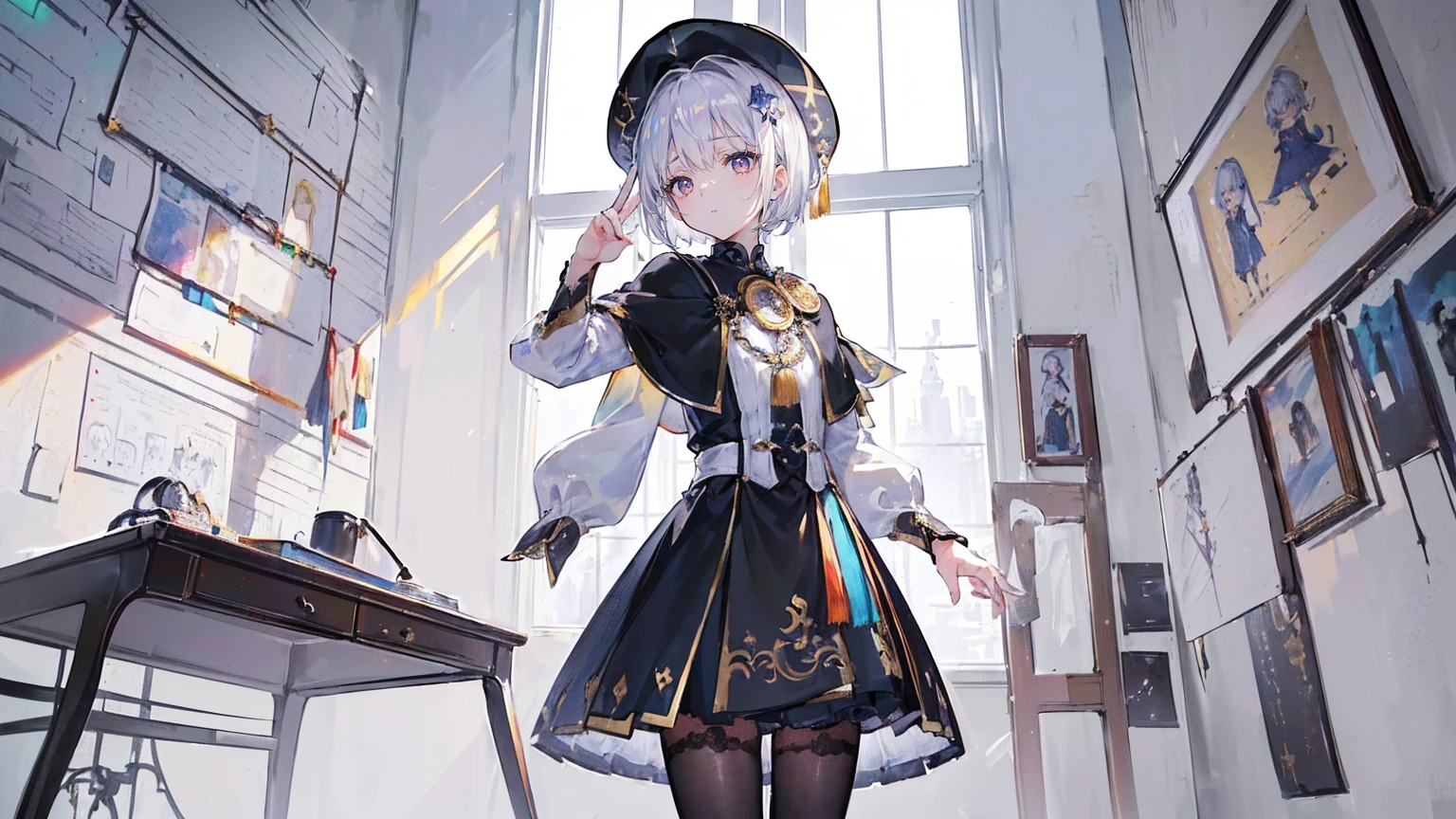 (Super detailed)),((illustration))，((masterpiece)),(((need))),((fine、Highest quality CG Unity 8K wallpapers，masterpiece），（（4K，masterpiece，best quality）），Girl with short silver hair，flat chest，Gold and silver eyes，Golden apprentice clothes，Black short cape，Berets，Black shoes，White Silk，Monocle，The walls are covered with self-portraits，身边rainbow环绕，将画笔戳向rainbow中，Exhaustion，Overworked，There is a drawing board in front of me，In a white room，Paint condensed in the air，rainbow，individual，Full body picture