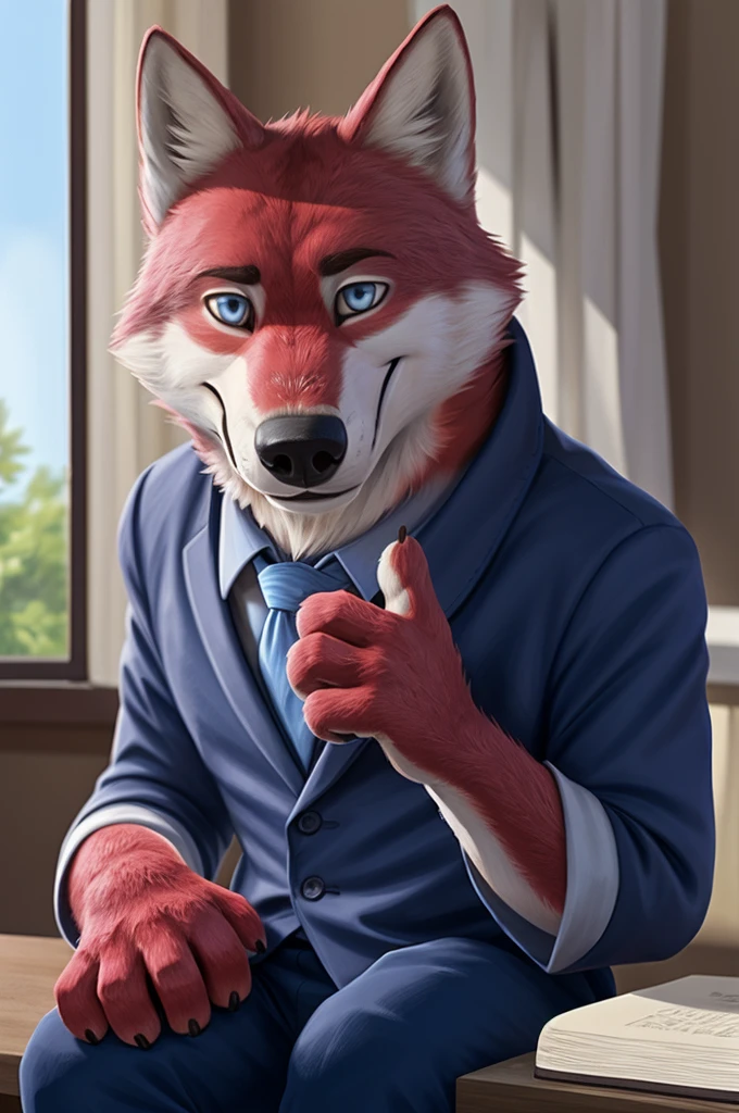 Ivan Wolfbach (Moscow),high,Beautiful,slim,24 years,wolf, red fur,high Beautiful wolf, 24 years,(red body:1.3),beautiful blue eyes,Moscow россия, shirt tie, trousers,canine, wolf, detailed fur, male, antro, paw pads, finger claws, at viewer, 5 fingers, paws, 5 fingers,day,digital photography, soft focus,good mood,photorealism, realistic, photorealistic,digital style,from close to home accommodation, is sitting, writes a book, Poet, Very close to the camera, digital photography, smile positive, good,mood,,close to the camera, дома квартире writes a book,  apartment table, computer, 
masterpiece, Best quality, ultra realistic, 8 k)