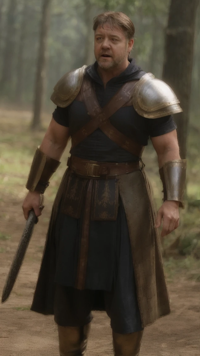 russell crowe as roman soldier, big muscles, wearing full battle samurai armor, in the forest, hiper realistic, profesional lights, super high quality