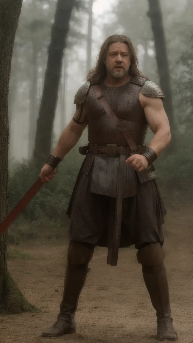 russell crowe as roman soldier, big muscles, wearing full battle samurai armor, in the forest, hiper realistic, profesional lights, super high quality