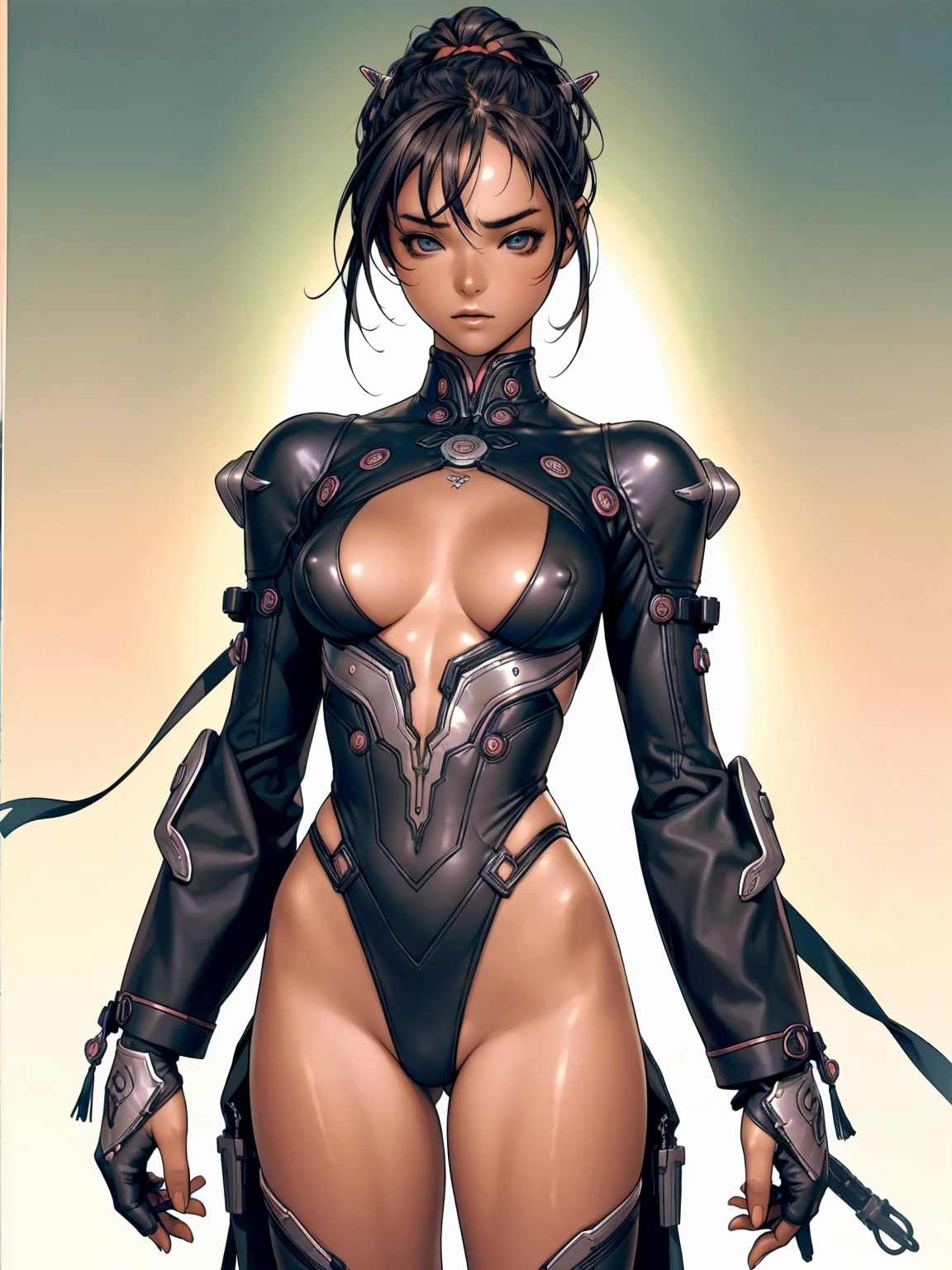 (((with your back to the viewer))), (((best qualityer))), (((perfectbody))), (((1girl))), Beautiful African American woman in oriental cyberpunk jacket, (((glossy black skin))), (((fully body))), (((dental floss))), (((afro girl))), (((coxas nuas))), (((DuneWalker))), high collar, digitalpainting, matte red, Digital illustration, extreme detail, digitl art, 4K, ultra HD. Your skin is deep, rich color and her hair is pulled back into two braids, (((best qualityer: 1.4))), (Unbeatable masterpiece), (hiper HD),(CG 8k hyper-realistic), (((brave face))), (((breasts big))), (((hyper feminine))), sexly girl, Tron,, ((( sculptural body ))), (((1 Kizi))), Kizi cibernética de 25 anos com perfectbody,,Beautiful and well-groomed face,muscular body:1.2,solid color detailed jacket, (Head to thigh photos), Complex equipment, green dark,long pants,Tight clothes are dark,With white stars and off-white stripes,,,,,Armor Metal Electronic Parts, Poison tattoos ) INFO, Kizi, (((standing alone))), pirralha violent, ((())), sexly, pose de atitude, work of art, post-apocalypse, (((manga style))), bounty hunter, violent, Manic, the way you want, slenderbody, thin but strong, perfectbody, roupa moderna, advanced technology, neon, sleeves with vertical striped pattern, neutral background, (( cowboy shot )). in the background a wall with intricate graffiti