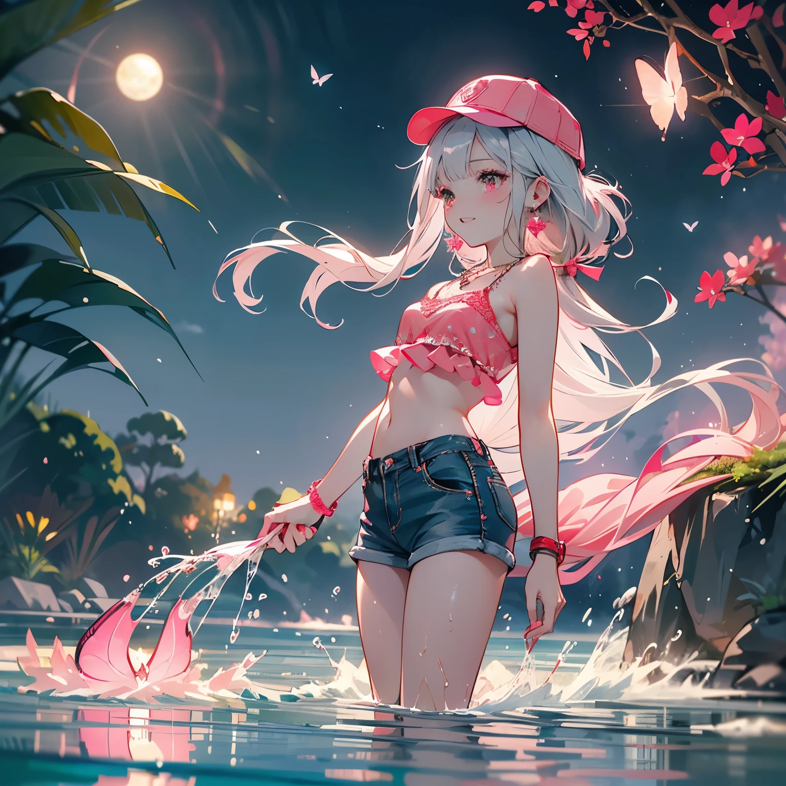 looking back,low angle,from below,
(beautiful pink and green butterflies all over the place),
((masterpiece:1.4, best quality)), ((masterpiece, best quality)),low angle,beautiful pony tail silver green hair,beautiful pink eyes,little cute girl,wet full body, bathing in the water,water falls,water splash,lovely laugh,denim shorts,pink and green baseball cap, ((pink and green elegant summer bikini)), (Lace chalker, wristband, diamond necklace,earrings),cinematic lighting and pause,beautiful natural mysterious park,night sky,full moon,(beautiful pink and green butterflies all over the place),