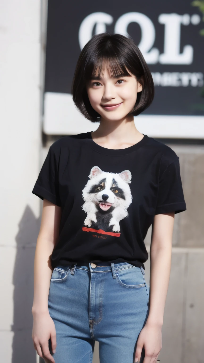 250 (An 18-year-old female and an 18-year-old male), (short hair),kind, lipstick, (jeans), (Animal characterTshirt), smile