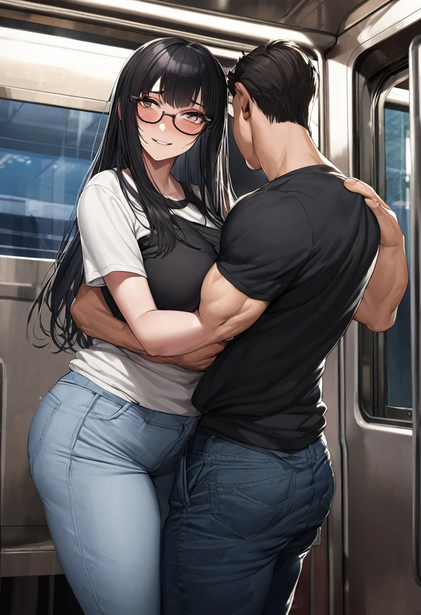 hyperrealistic anime,adult curvy female,at train,man with t-shirt standing behind woman,black hair,black t-shirt,pants,medium straight hair,glasses,unkempt hair,modest and sober female ,from behind and side,(man grabbing woman's pants:1.1),molested,groped,blushed and grinning