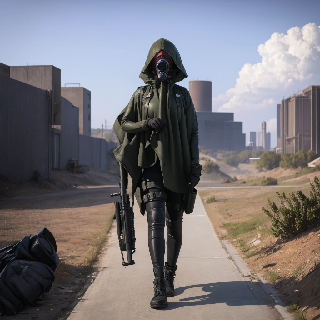 She is walking in middle of a street wearing a gas mask, abandon city with only one Power Nuclear Plant in the distance but there is not other people , there is a olive green toxic gas in the ambient, ultra high quality, 4K, low angle,