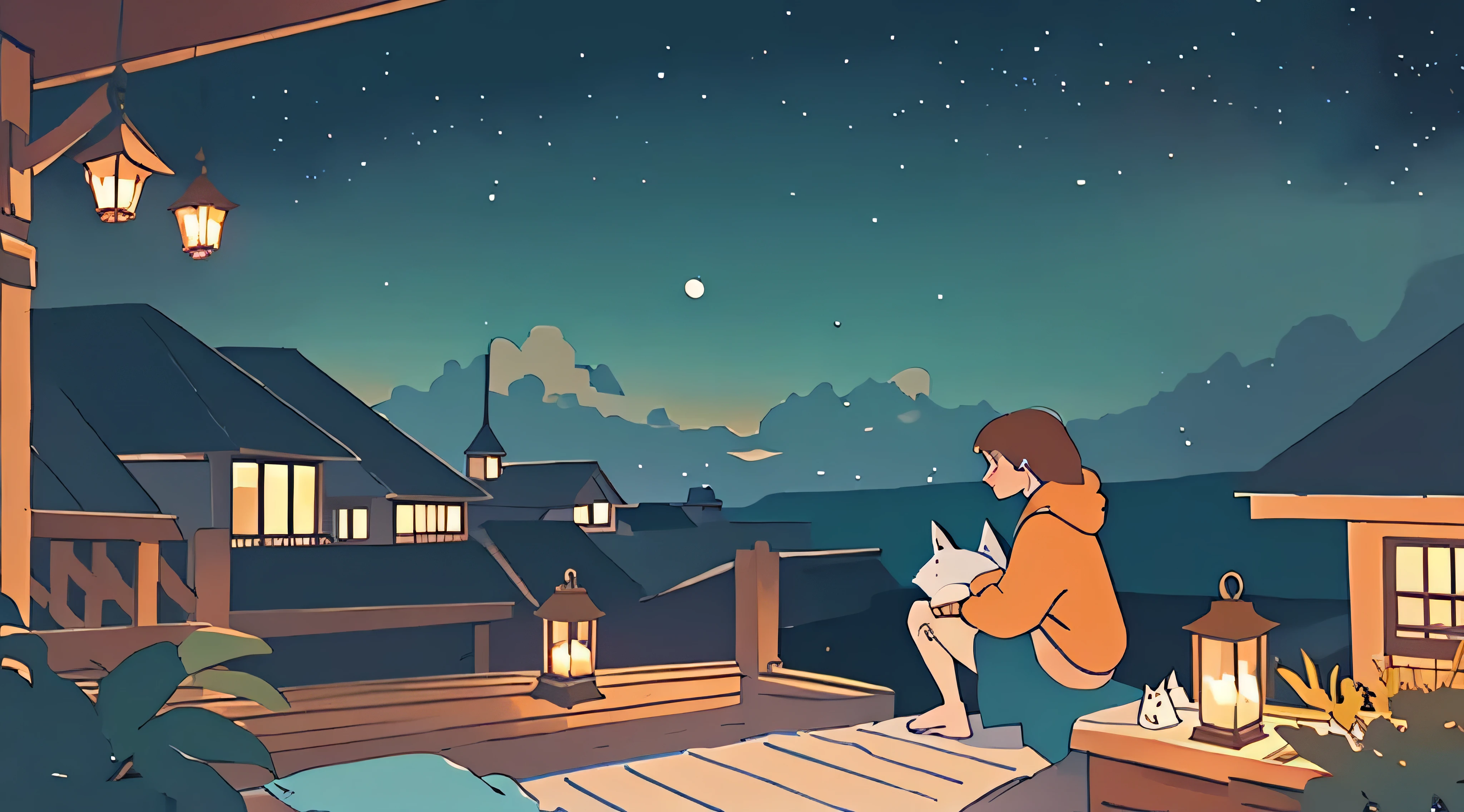 a girl sitting on a porch with a fox, with a view of the night sky