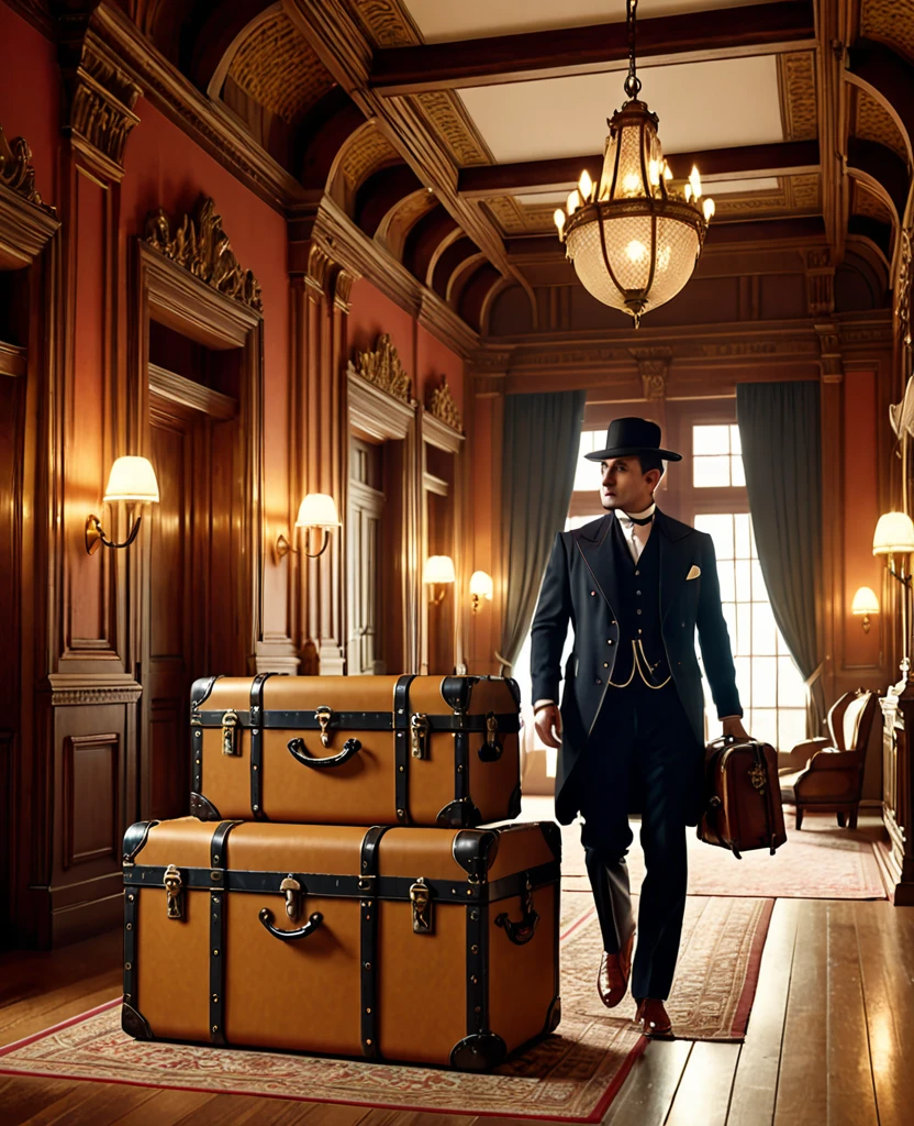 detailed 1900s styled hotel interior, rich traveler with 1900s styled clothes, carrying antique 1900s style trunks, intricate architecture, ornate details, warm lighting, high ceilings, wooden furniture, elegant decor, dramatic shadows, photorealistic, 4k, hyper detailed, cinematic composition, seamless, masterpiece