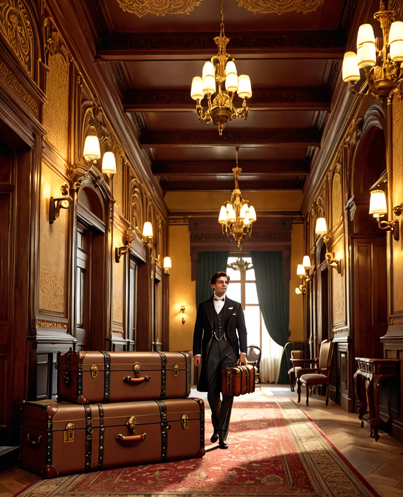 detailed 1900s styled hotel interior, rich traveler with 1900s styled clothes, carrying antique 1900s style trunks, intricate architecture, ornate details, warm lighting, high ceilings, wooden furniture, elegant decor, dramatic shadows, photorealistic, 4k, hyper detailed, cinematic composition, seamless, masterpiece