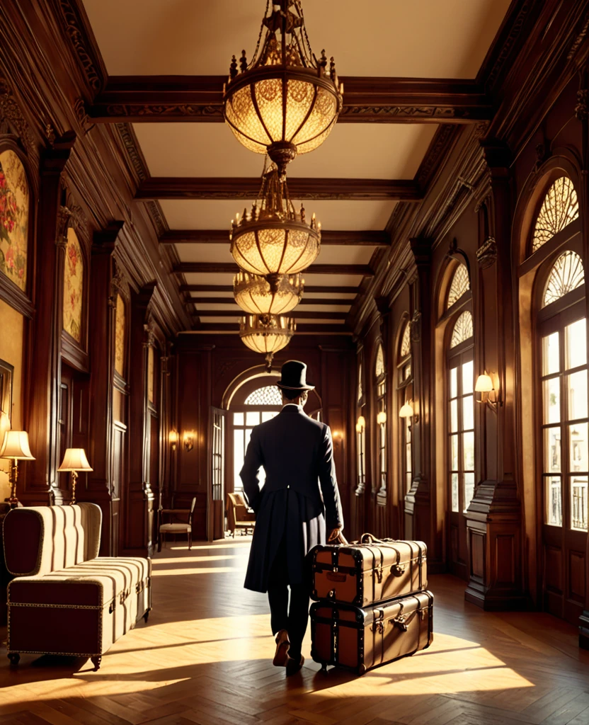 detailed 1900s styled hotel interior, rich traveler with 1900s styled clothes, carrying antique 1900s style trunks, intricate architecture, ornate details, warm lighting, high ceilings, wooden furniture, elegant decor, dramatic shadows, photorealistic, 4k, hyper detailed, cinematic composition, seamless, masterpiece