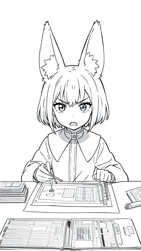 (1girl,8 years old,???),solo,white hair,short hair,fox ears,(white background,line drawing),open mouth,angry,pov across table, from front