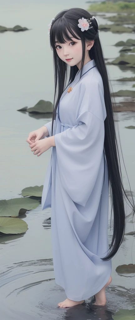 ((4k,masterpiece,best quality)), shuimobysim, traditional chinese ink painting, lotus,  hanfu, maxiskit, dress conservatively
1girl, solo, long blue hair, smile, standing, feet in the water, barefoot,
 