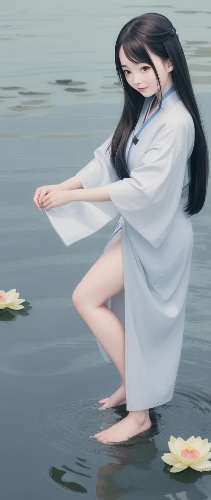 ((4k,masterpiece,best quality)), shuimobysim, traditional chinese ink painting, lotus, hanfu, maxiskit, dress conservatively
1girl, solo, long blue hair, smile, standing, feet in the water, barefoot,