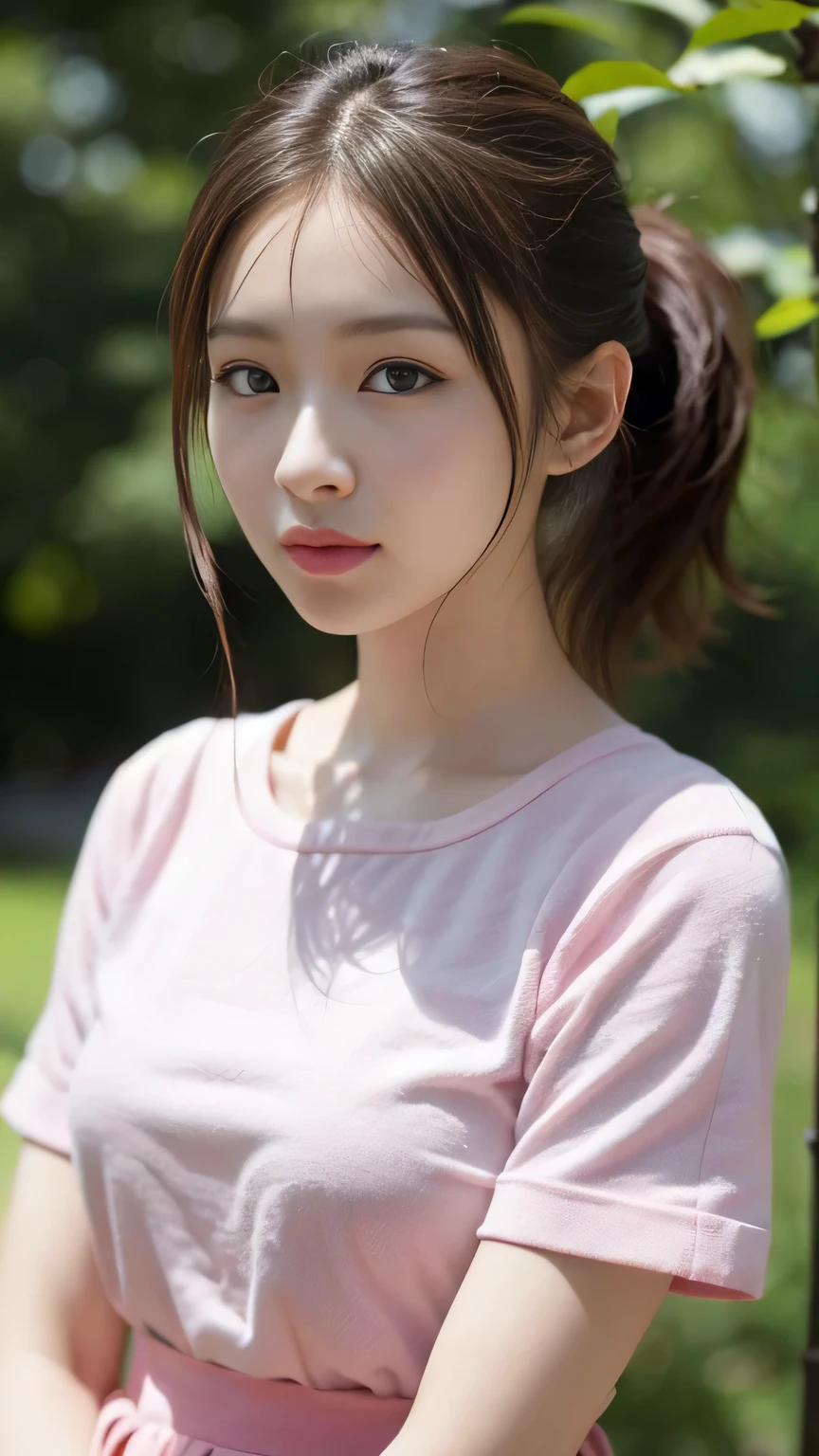 (Raw photo、Highest quality)、(Realistic、Photorealistic:1.3)、Highest quality、masterpiece、Very delicate and beautiful、A hVery detailed、Hmph、Sense of unity、2k wallpaper、grow、Beautiful in every detail、masterpiece、smile、Highest quality、HVery detailed ticker Unity 8K wallpapers、Large file size、Ultra-detailed、High resolution、Very detailed、Female: 1 person、The body is slim、small 、(Pink Skirt:1.2)、(ponytail)、(Brown haired)、View your viewers、Sharp focus、Face close-up、Browsing Caution、、、、Purelos Face_v1:0.8. Short Hair、