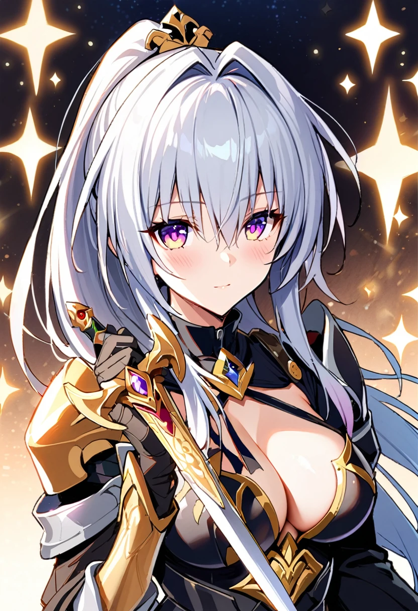 1girl, girl, honkai: star rail、female knight、Silver Hair、Heavy armor、Cleavage、Beautiful gold pattern、ponytail、With a sword in one hand,Luxuriously decorated sword, konjiki no yami,(masterpiece), best quality, very aesthetic, perfect face