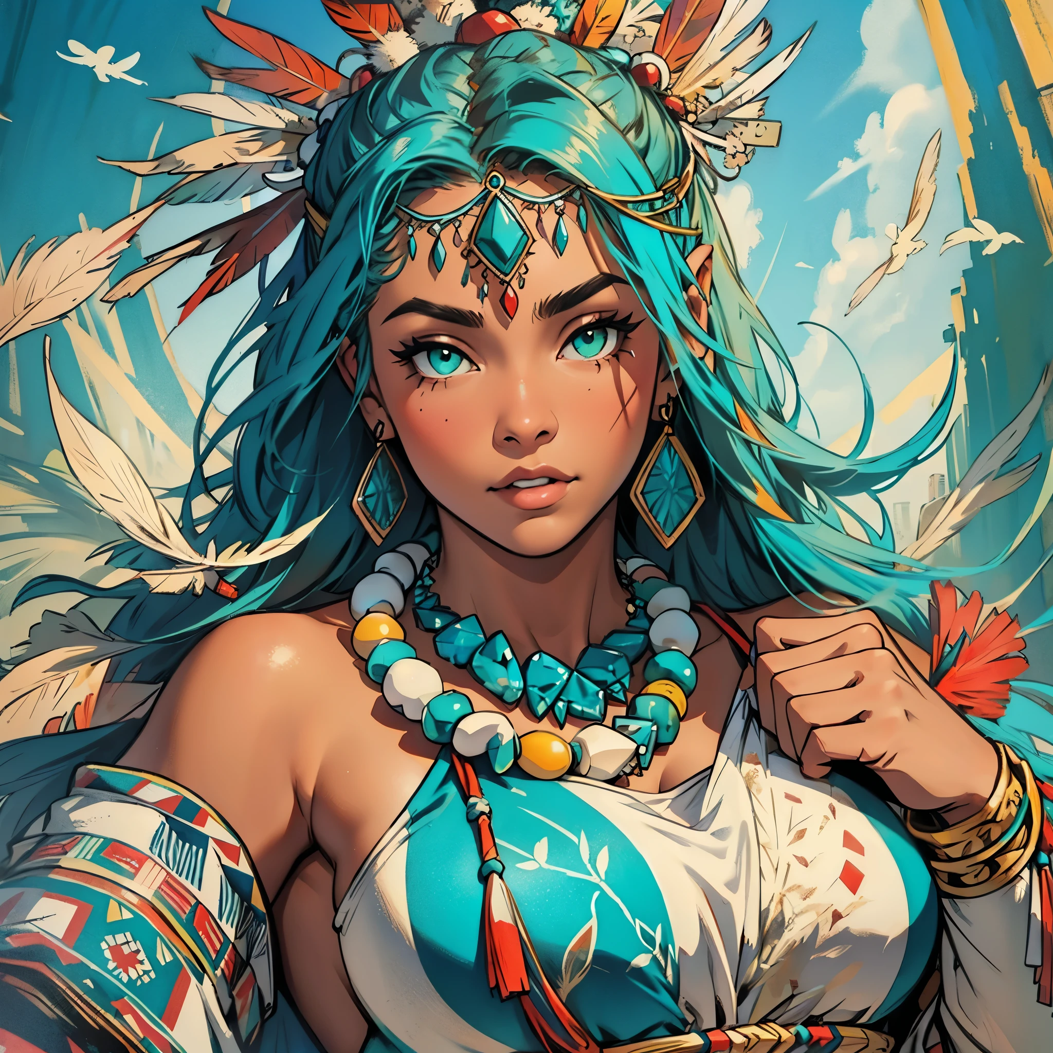 (((ultimate best quality))),((((solo:1.12)))),((((1girl:1.12)))),((((beautiful perfect woman)))),(((detailed perfect body, detailed perfect finger,detatiled perfect face))),(((bust up, close up))),(((((American comics))))),(((extreme highlights))),(((Extremely colorful, primary colors))),(cleavage, big breast)),(((perfect beautiful lady))),((((various angles))),((((detailed Indian,Tribe, Navajo, feather ornament)))),((((black skin)))),(((indigenous peoples))),(((owl,turquoise,Ivory Necklace)))