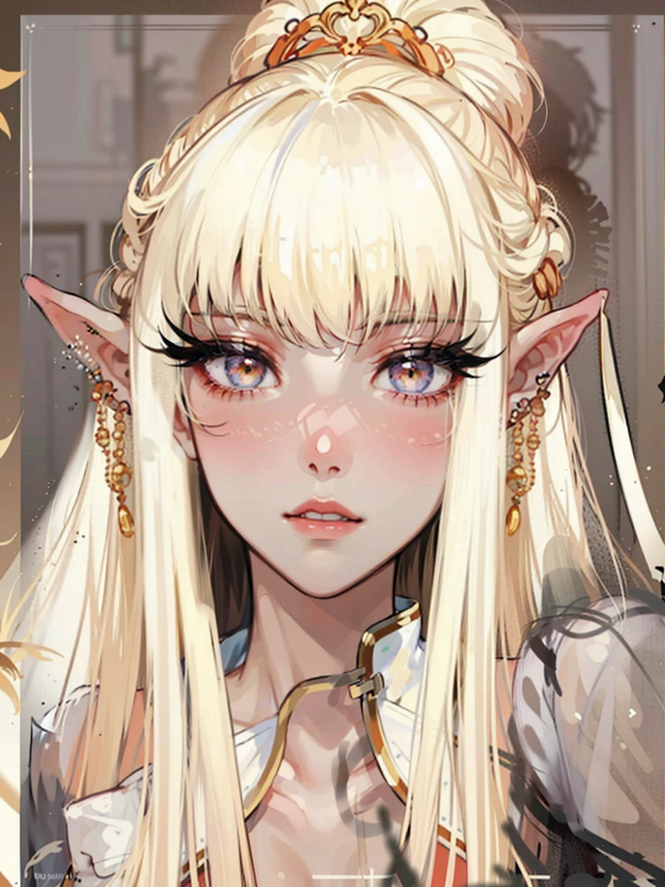 RAW, professional photograph, medium shot, photorealistic, hyper-realistic, ray tracing, super detail, UHD, 8k, female elf, twenty years old, goddess, gold jewelry, athletic body, soft facial features, long hair, straight hair, light pink hair, blue eyes, gothic style, dark Castle, gothic architecture